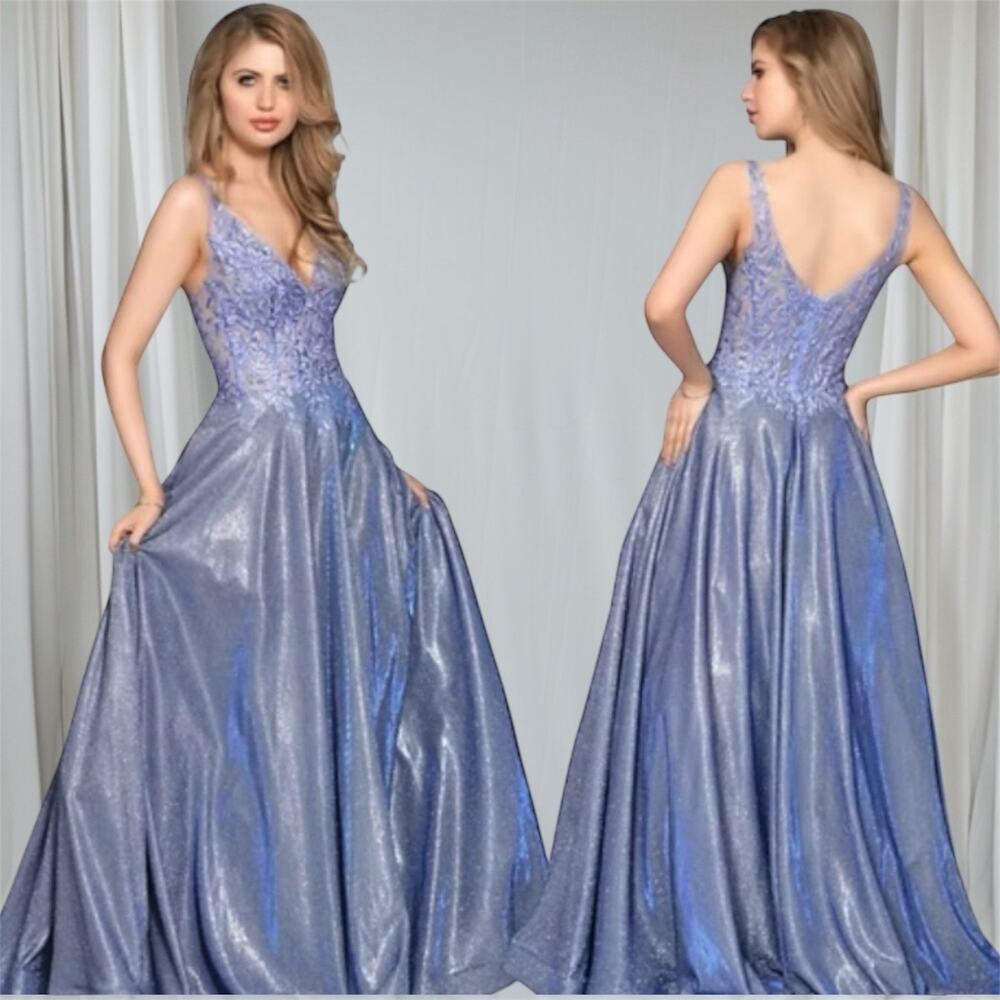 Let’s Gown Periwinkle Rhinestone embellished glittery gown with pockets size XL